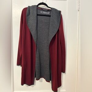 Women's wool hooded Red and Gray Open Front cardigan